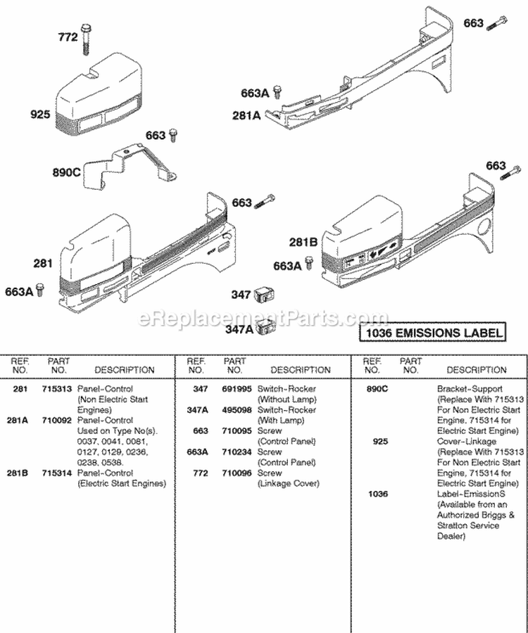 Control Panel Diagram and Parts List for  Briggs and Stratton Engine
